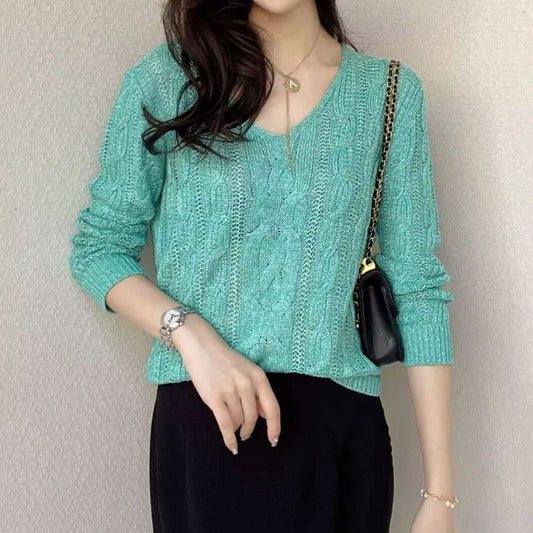 Crocheted Hollow Out V-neck Jacquard Micro-transparent Long-sleeved Sweater