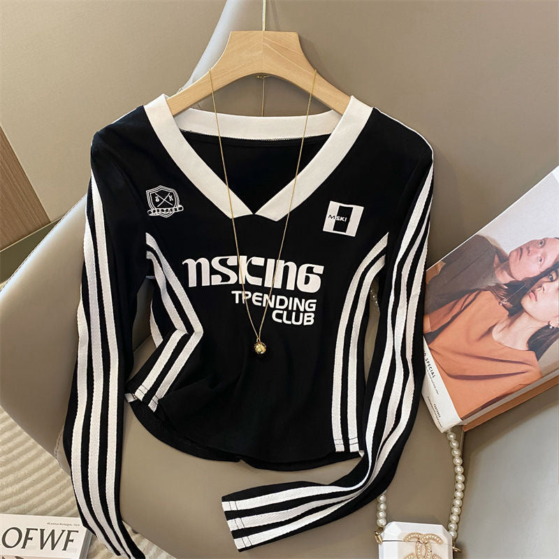 Design Sense Stitching Stripe Long Sleeves T-shirt Female Autumn Niche Letter Printing