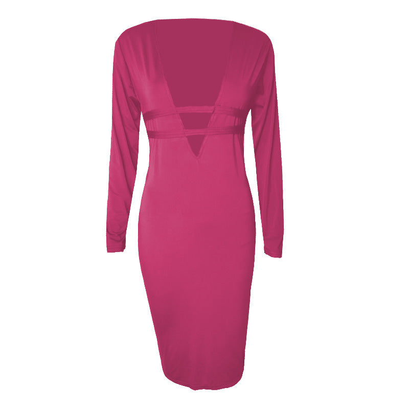 Women's Long Sleeve Deep V Sheath Dress