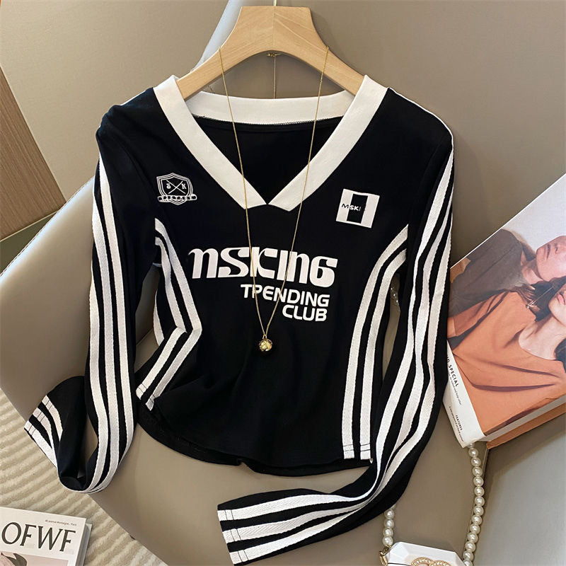 Design Sense Stitching Stripe Long Sleeves T-shirt Female Autumn Niche Letter Printing