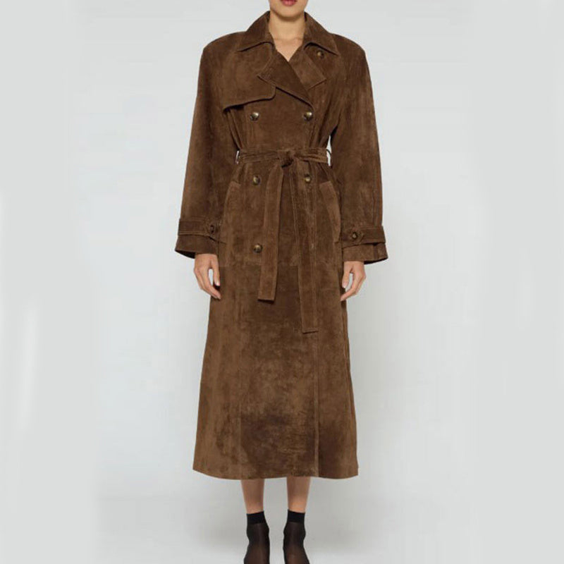 Double Breasted Lapel Shift Coat With Belt Fashion Vintage Suede Long Coat Winter Outwear Women's Clothing