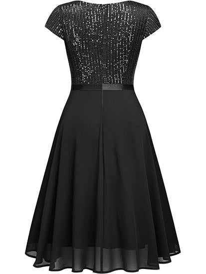 Women's Round Neck Sequins Chiffon Stitching Evening Dress