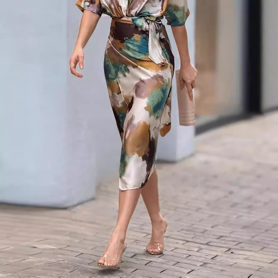 Summer New Fashion Hot Sale V-neck Printed Waist Dress