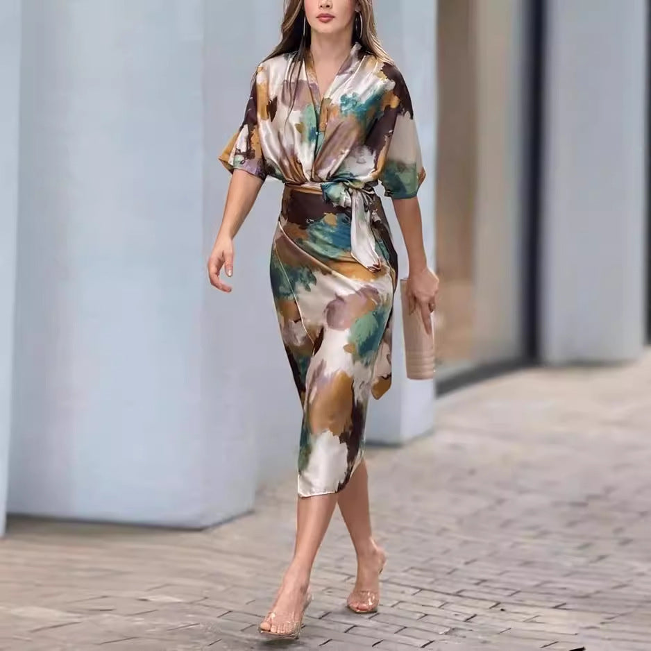 Summer New Fashion Hot Sale V-neck Printed Waist Dress