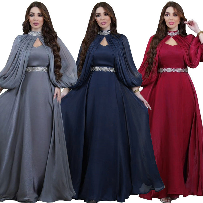 Women's Two-piece Hot Drilling Bright Silk Fashion Satin Robe Abaya