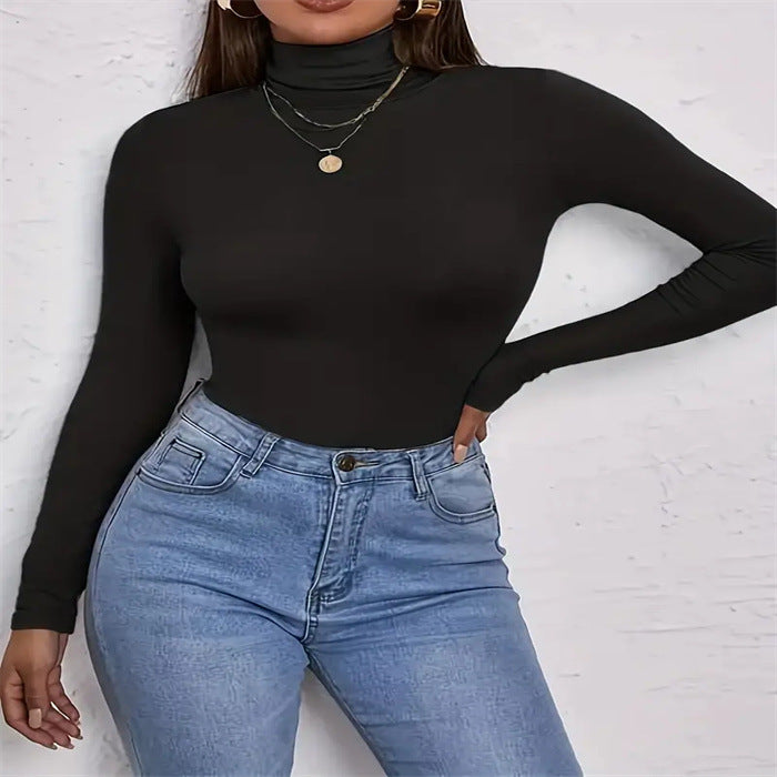 European And American Solid Color Turtleneck Casual Long-sleeved Top